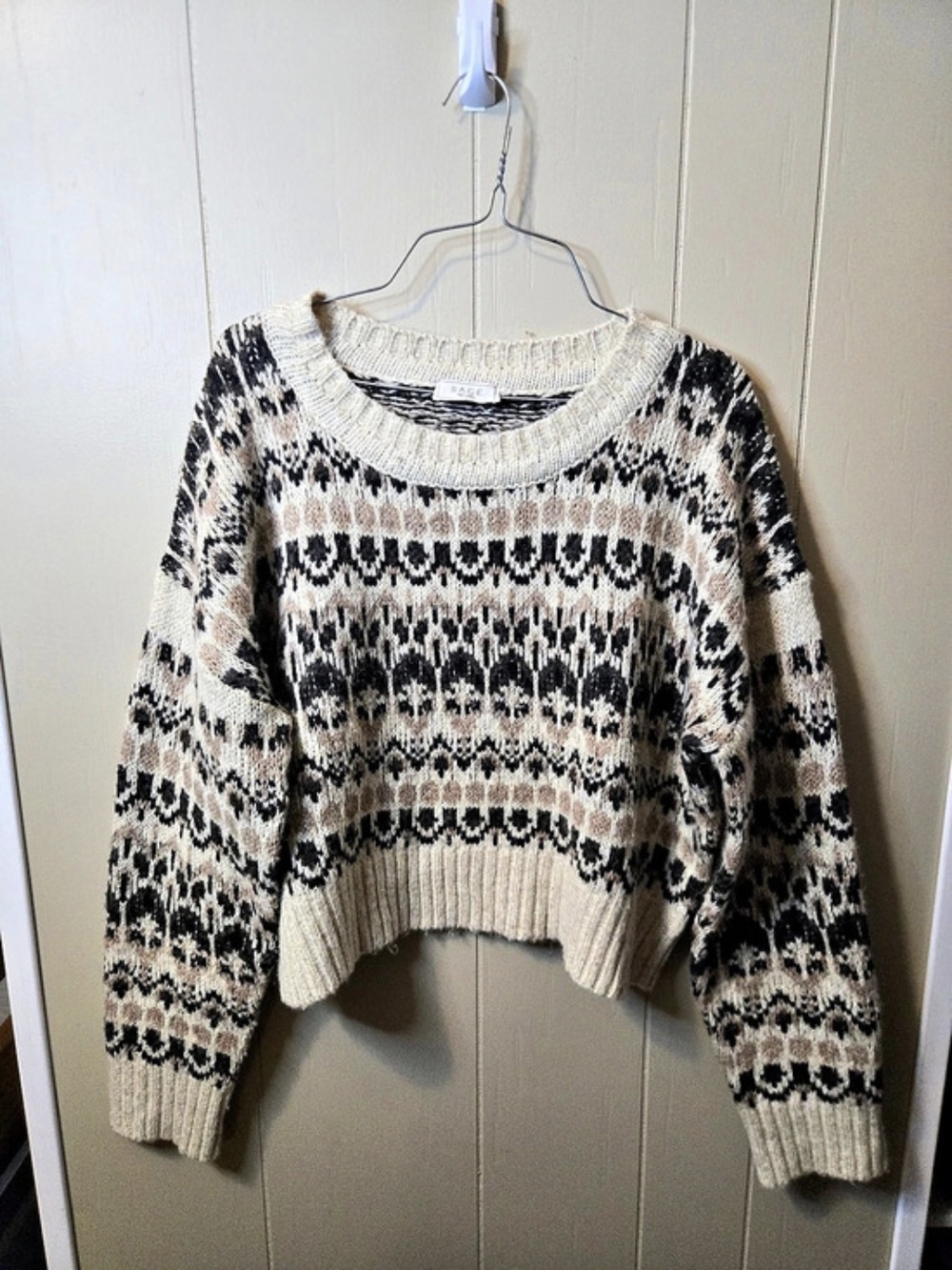 SAGE THE LABEL Fair Isle Sweater in Cream & Black Size Medium